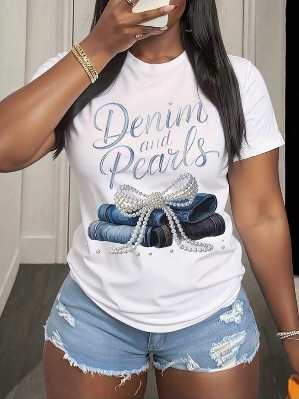 Denim and Pearls Graphic Tee - White Women's Short Sleeve Top